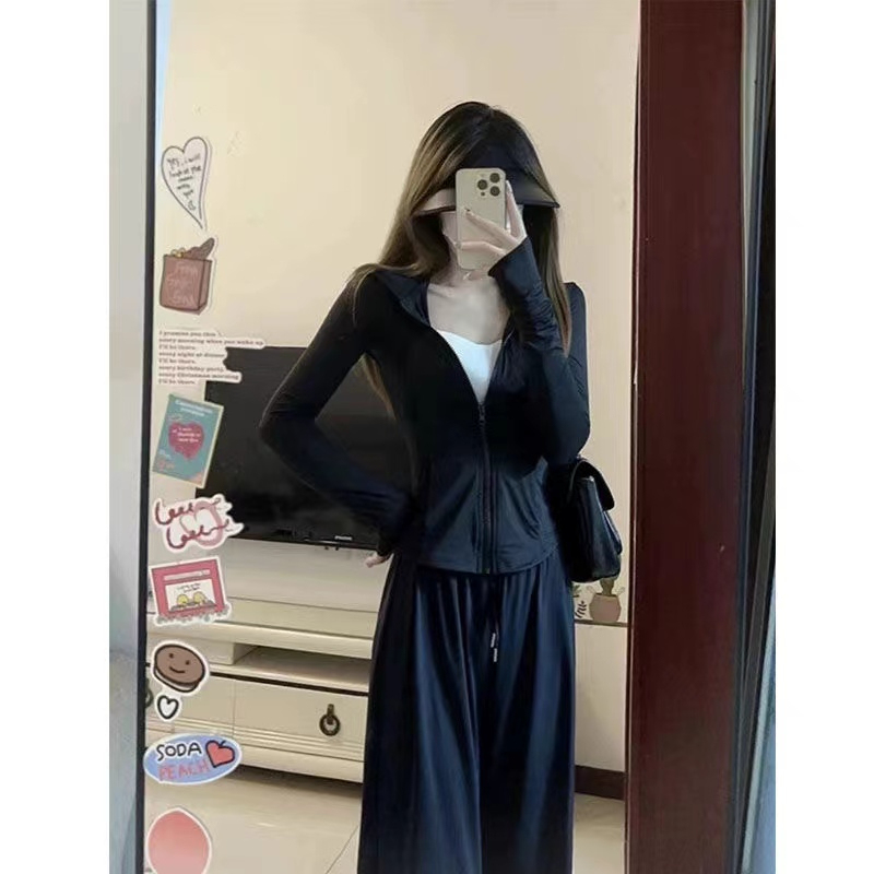 Small people wear a complete set of ice silk sun protection clothing, casual sportswear suit, women's slimming two-piece set