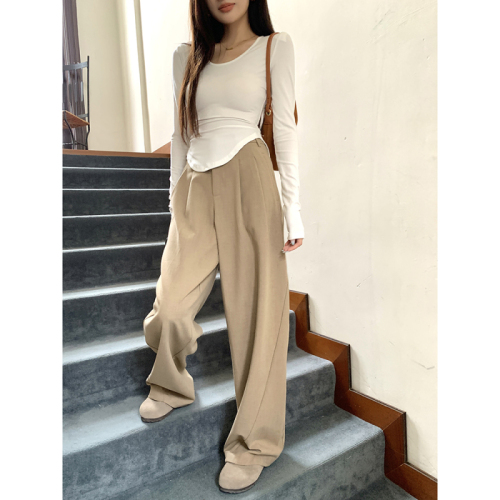 Real shot of 2024 autumn and winter new old money style commuting high waist wide leg trousers loose profile casual pants for women