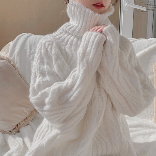 Turtleneck sweater for women in autumn and winter new style gentle lazy style mid-length thickened loose outer knitted sweater