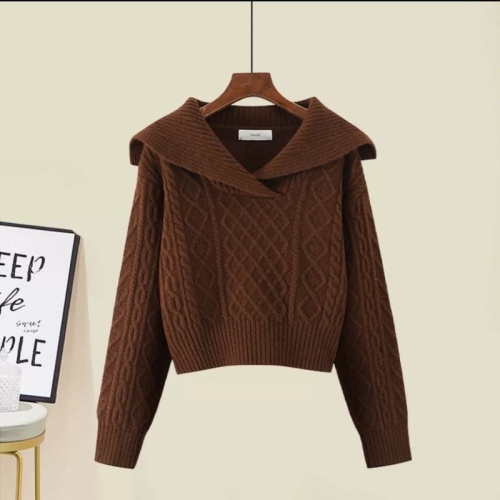 Large lapel retro sweater high waist short sweater women's winter soft waxy pullover long-sleeved pullover knitted top