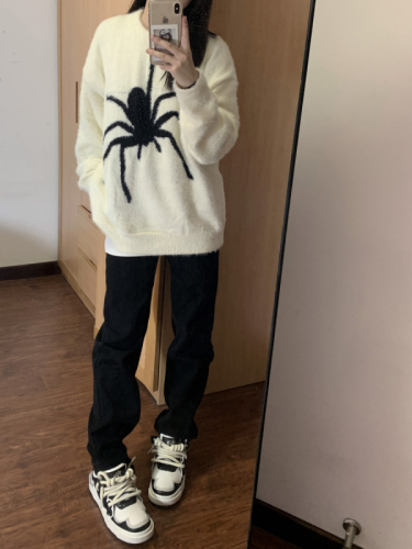 American Retro Spider Sweater Women's Autumn and Winter New Loose Slim Sweater Trendy Street Korean Top