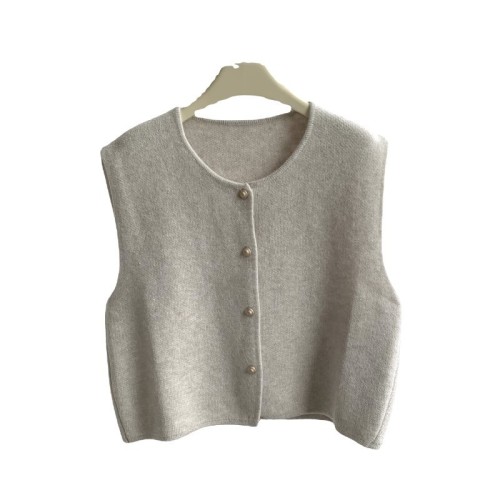 Gentle single-breasted small gold buttons round neck slim knitted vest for women Korean style loose waistcoat top for women