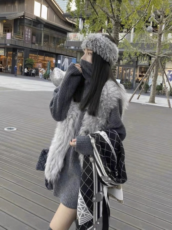 Dark gray turtleneck sweater for women winter new style lazy style loose soft waxy mid-length thickened outer sweater