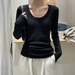 Long-sleeved t-shirt for women, spring and autumn, thin, short, Korean style, round neck, solid color bottoming shirt, tops, plus size women's clothing