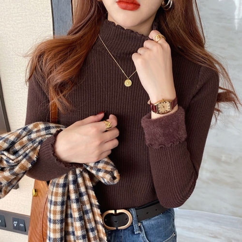 Lazy style sweater for women in autumn and winter half turtleneck women's knitted bottoming sweater with warm inner layer and thickened one-piece velvet top