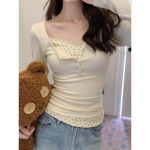 Real-price lace floral fake two-piece bottoming shirt for women 2024 early autumn new elastic tight inner top