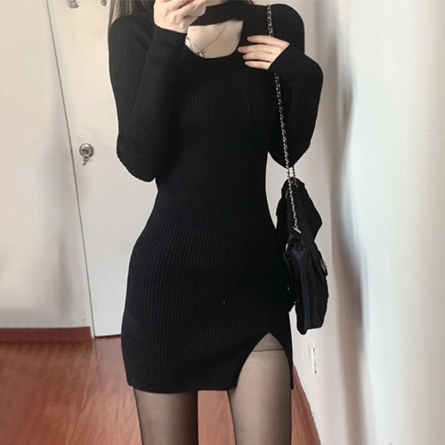 Autumn and winter inner wear with sexy hot girls hip skirt new knitted long-sleeved black halterneck dress women's autumn clothing