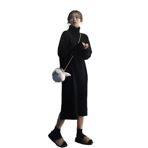 Black coat with high collar knitted dress for women's new autumn and winter high-end bottoming sweater dress