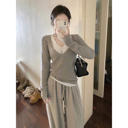 New spring fake two-piece v-neck sweater sweater women's high-end gray inner bottoming top