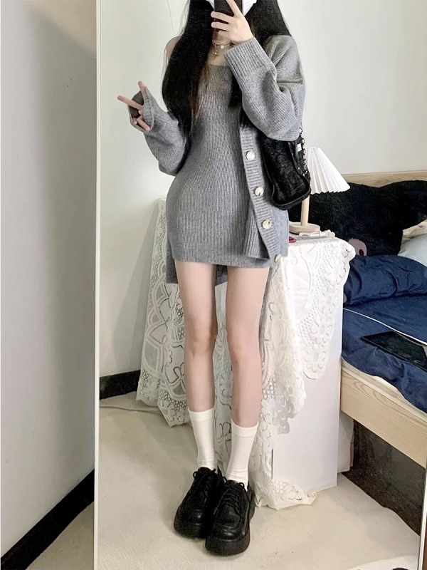 Power style wear gray suspender knitted dress cardigan coat women's spring and summer sweater arm skirt suit two-piece set