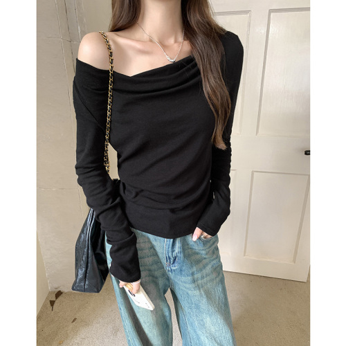 Actual shot and real price Pure Desire One-shoulder Swing Collar Long-sleeved T-shirt Women's Early Autumn Pleated Waist Slimming Short Inner Top