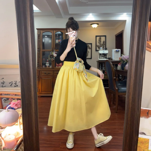 Small yellow high-waisted skirt for women 2024 new popular style college style super nice a-line long skirt