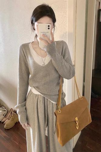 New spring fake two-piece v-neck sweater sweater women's high-end gray inner bottoming top