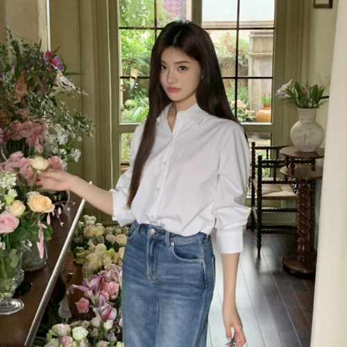 Actual shot of 2024 autumn and winter new design non-iron anti-wrinkle white shirt for women with western style and versatile fashionable shirt tops