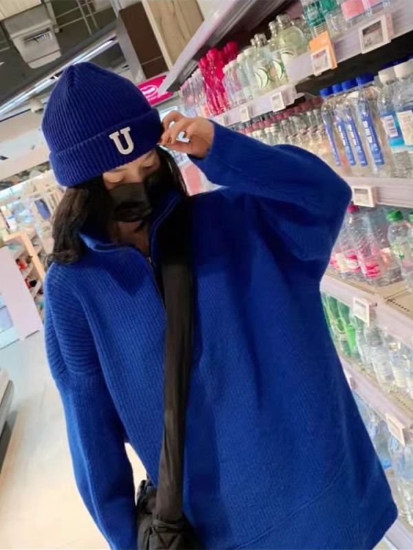 Winter Klein blue mid-length lazy style thickened sweater women's personalized loose blue stand-up collar sweater sweater