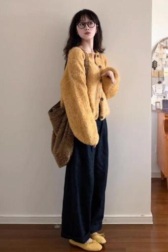 Japanese lazy style retro orange sweater knitted cardigan autumn and winter new small short jacket