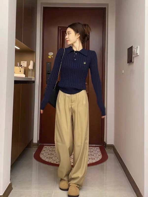 Navy blue Polo collar embroidered sweater for women early autumn short long-sleeved sweater bottoming shirt slim inner top