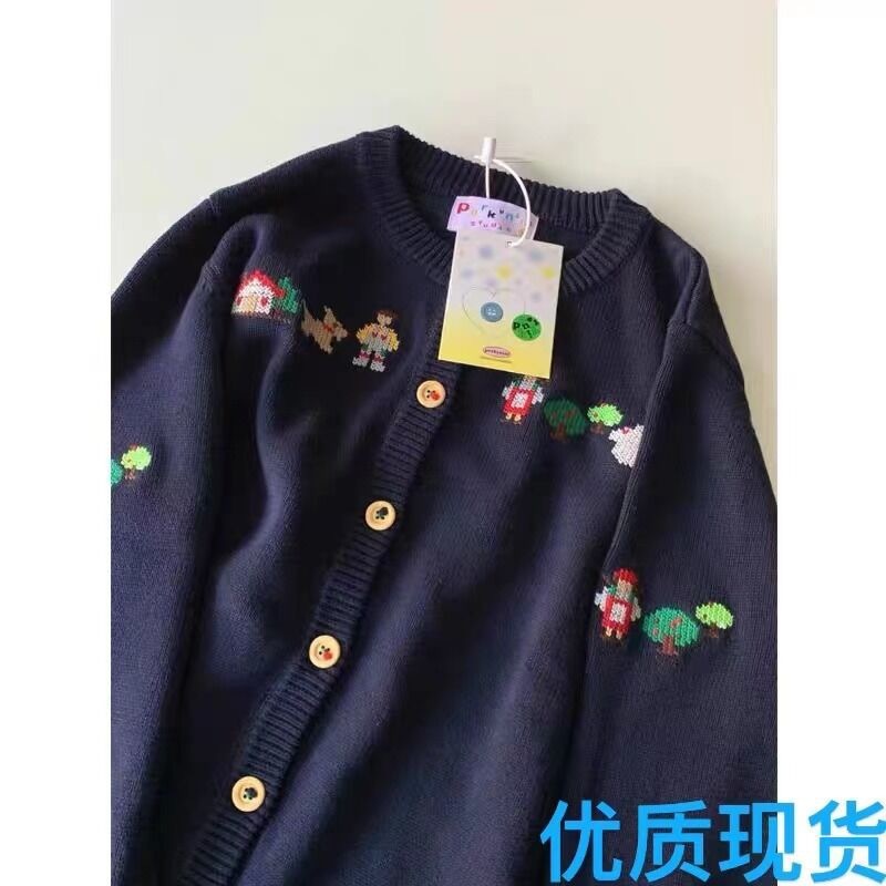 Japanese retro fun cartoon embroidery soft waxy breast sweater women's loose lazy gentle style knitted cardigan jacket