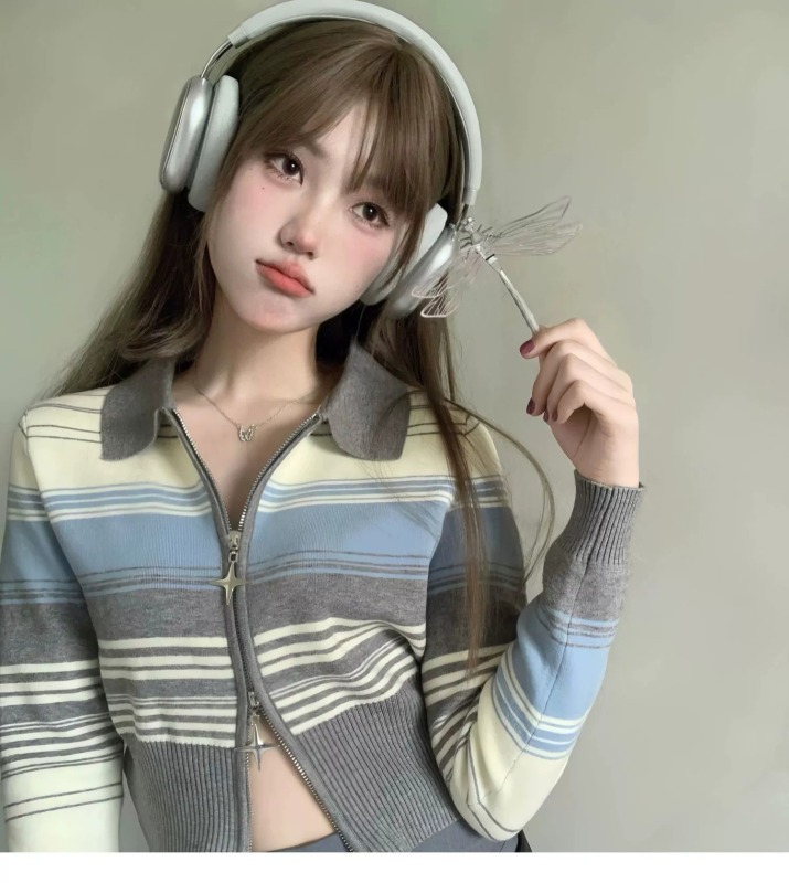 Early autumn new Korean style lapel niche cardigan for women petite long-sleeved zipper casual style polo collar knitted top