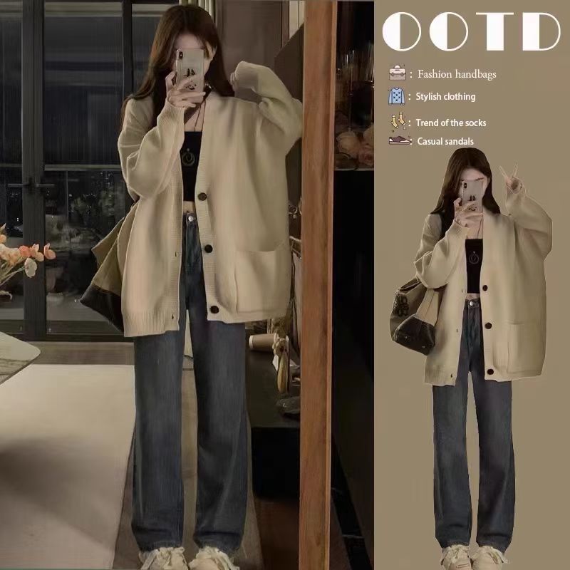Milky white sweater cardigan women's new fall and winter soft and waxy lazy style high-end V-neck knitted jacket