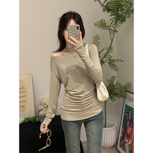 Actual shot and real price sexy slightly see-through oblique collar one-shoulder long-sleeved T-shirt for women in early autumn with drape design slim fit top