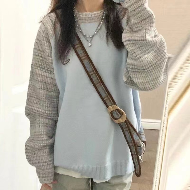 Simple contrast color long-sleeved sweater for women in autumn and winter new Korean style Hong Kong style chic sweet loose lazy and gentle top