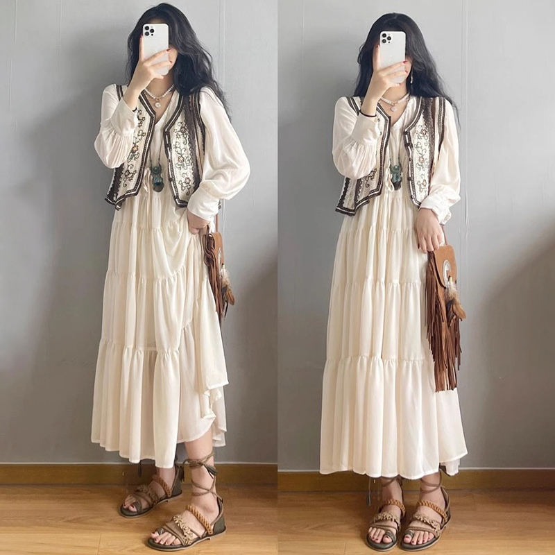 French gentle style white long-sleeved dress for women new autumn style temperament waist slimming long dress