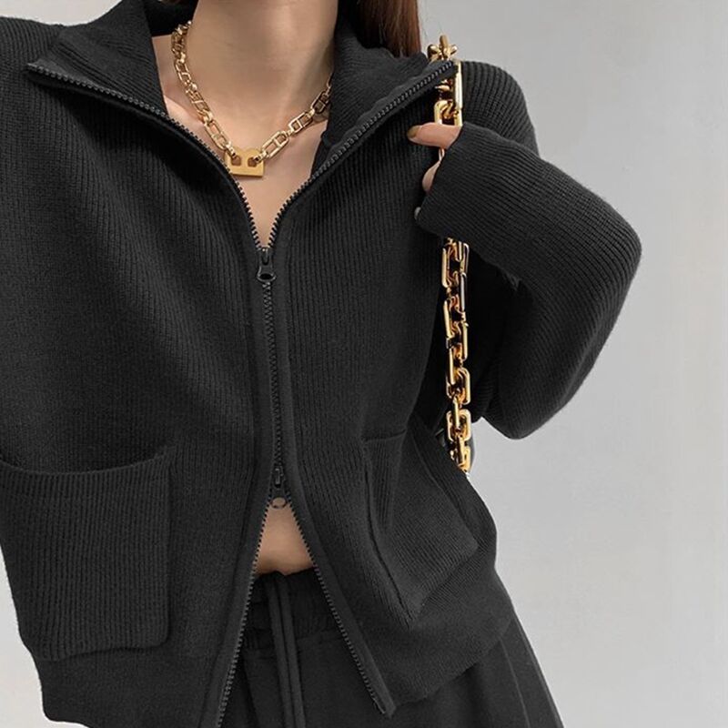 American retro design lapel slim knitted cardigan for women in spring and autumn chic double zipper long sleeve pocket sweater