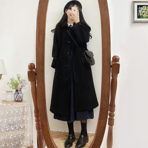 Korean woolen coat for women winter thickened mid-length new Hepburn style black woolen coat for small people