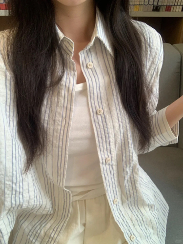 Striped woven French POLO collar striped shirt design niche top Korean style shirt for women