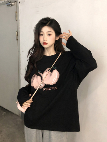 Pure cotton long-sleeved T-shirt for women 2024 new autumn and winter solid color loose bottoming shirt printed round neck top