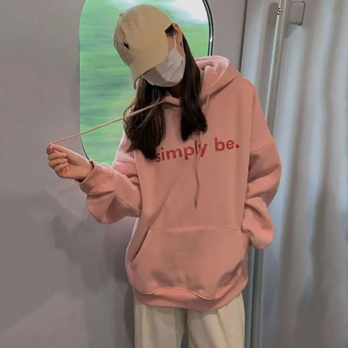 Chinese cotton composite autumn and winter printed sweatshirt women's hooded simple contrast color high-end top