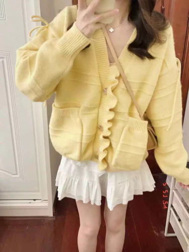 Spot gentle petal placket V-neck sweater cardigan for women milk yellow bow tie sweater autumn coat