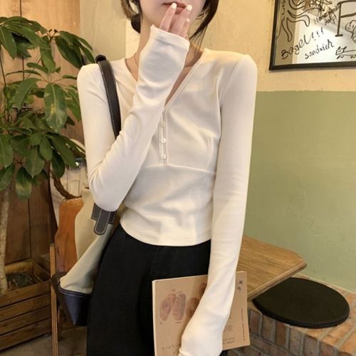 2024 Spring and Autumn New Korean Style V-neck Bottoming Shirt Long Sleeve T-shirt Women's Design Slim Fit Short Top