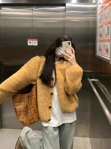 New slim autumn and winter loose and lazy style round neck knitted short sweater cardigan top jacket trendy women's style