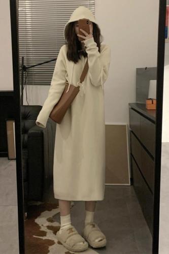 White hooded sweatshirt long-sleeved knitted dress women's autumn and winter new style small temperament long skirt