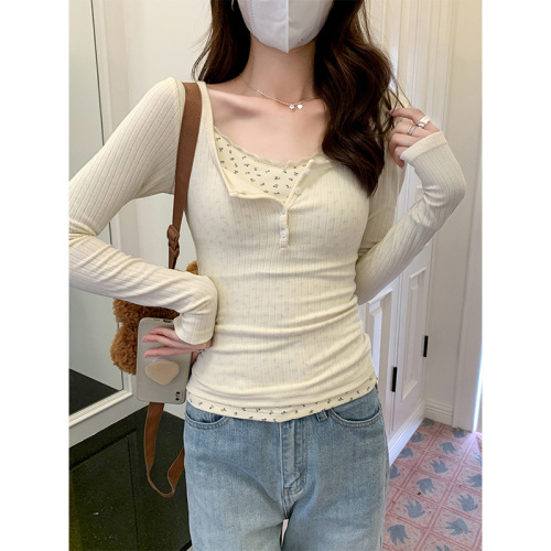 Real-price lace floral fake two-piece bottoming shirt for women 2024 early autumn new elastic tight inner top