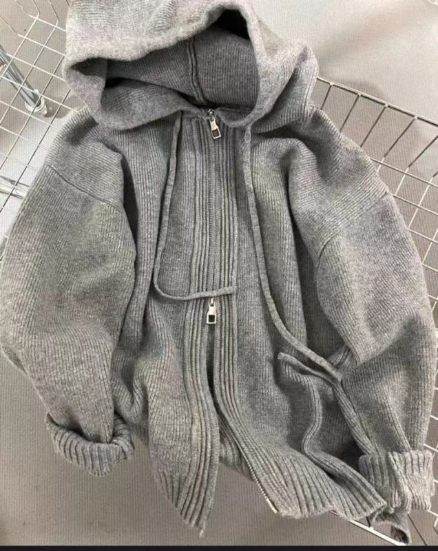 Internet picture Design niche gray cardigan hooded knitted sweater women's autumn and winter loose lazy style thickened top