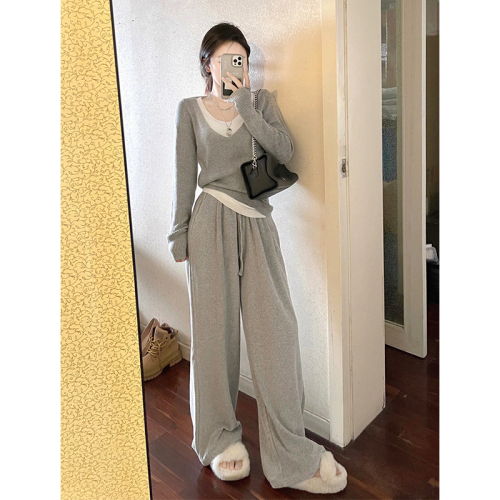 New spring fake two-piece v-neck sweater sweater women's high-end gray inner bottoming top