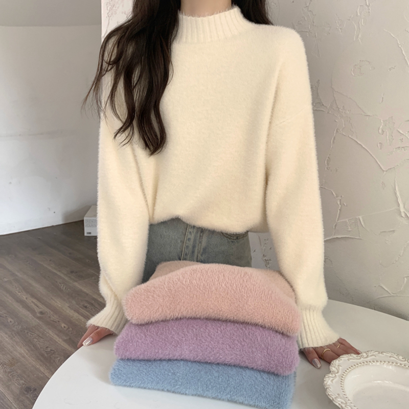 Autumn and winter Korean style loose half-high collar imitation mink velvet sweater thick sweater for women