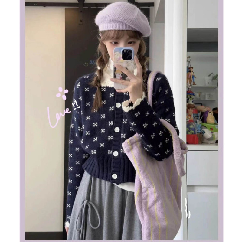 Knitted Cardigan Retro Lace Doll Collar Atmosphere Sweater for Women
