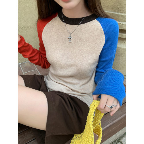 Real shot and real price dopamine contrasting color splicing knitted bottoming sweater for women in autumn new stretch slimming bottoming sweater