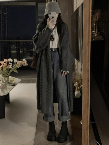 New Knitted Cardigan Jacket Women's Long Twist Sweater New Korean Style Loose Lazy Style Retro Versatile
