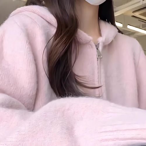 Gentle pink hooded sweater jacket for women in autumn and winter new popular style lazy style knitted cardigan top