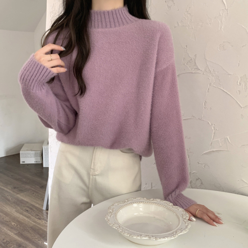 Autumn and winter Korean style loose half-high collar imitation mink velvet sweater thick sweater for women