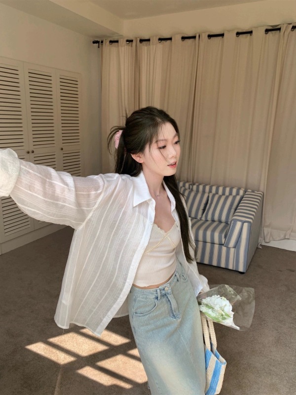 Sun protection shirt for women summer 2024 Korean style loose casual lazy style shirt long-sleeved striped top jacket