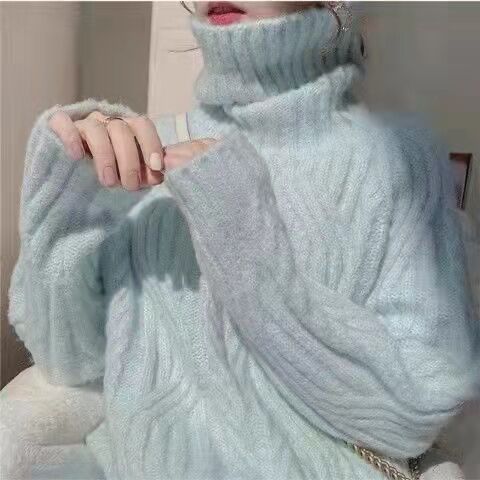 Turtleneck sweater for women in autumn and winter new style gentle lazy style mid-length thickened loose outer knitted sweater