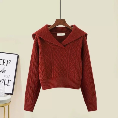 Large lapel retro sweater high waist short sweater women's winter soft waxy pullover long-sleeved pullover knitted top