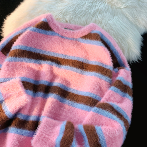 JIANYINZ soft and gentle pink striped lazy style sweater for men and women loose retro ins sweet and spicy sweater