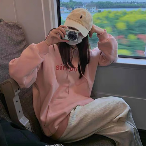 Chinese cotton composite autumn and winter printed sweatshirt women's hooded simple contrast color high-end top